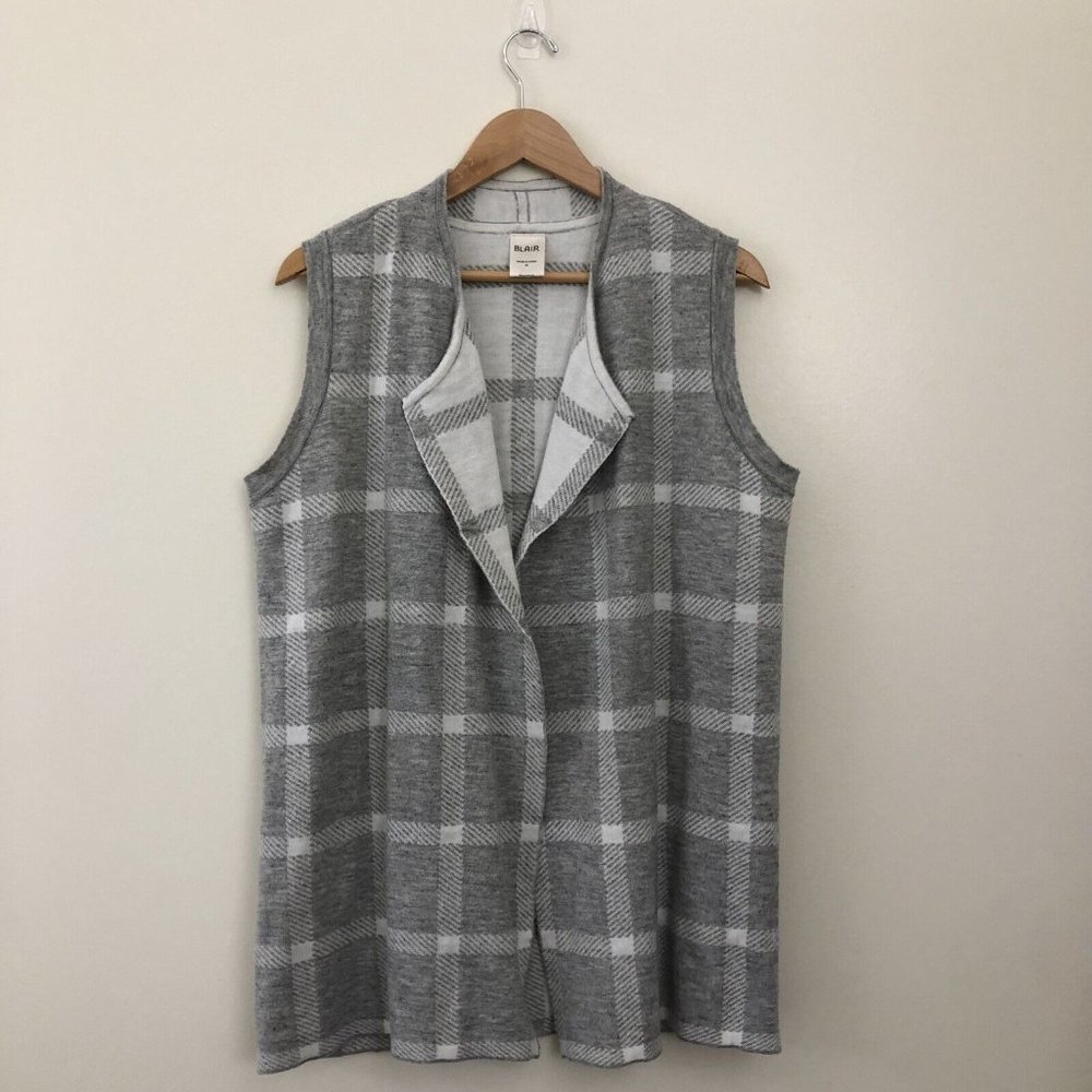 Blair Women's Cardigan Size Medium Open Front Sleeveless Gray & White